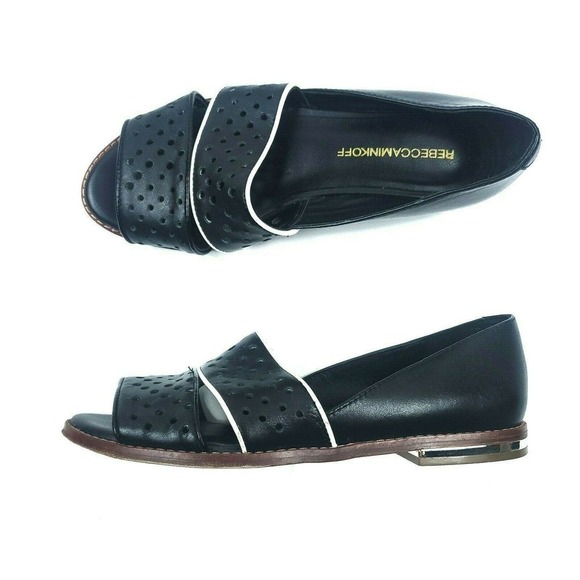 Rebecca Minkoff Womens Shoes 6.5 Black Leather Perforated Open Toe Sadie Flats - Picture 1 of 8